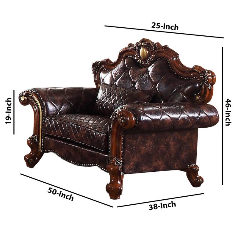 Leatherette Chair with Diamond Stitching and Carved Details, Dark Brown