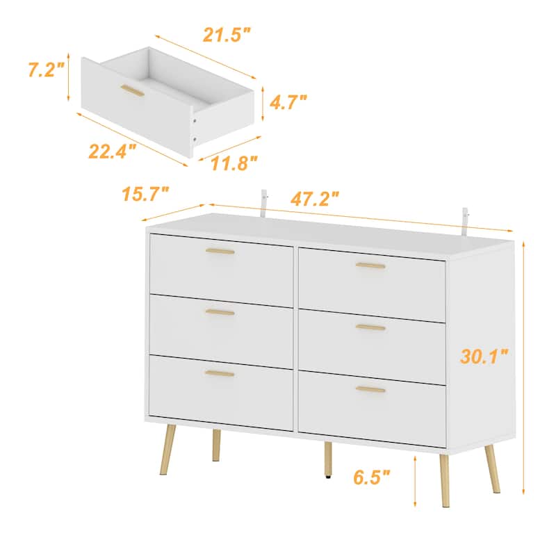 Modern 6-Drawer Dresser with Gold Legs and Handles, 47.2" Wide Mid-Century Bedroom Dresser Chest