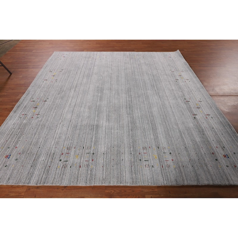 Striped Gabbeh Oriental Square Rug Hand-Knotted Wool Carpet - 8'1" x 7'11"