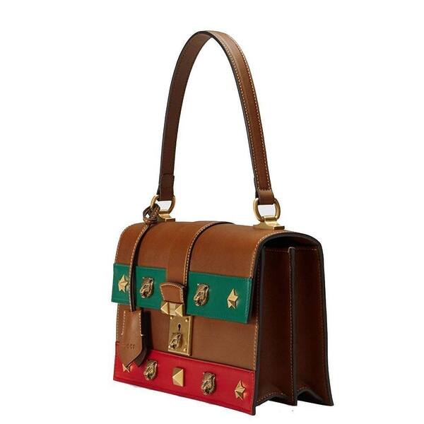 Shop Gucci Animalier Cat Lock Leather Green Red Web Brown Bag