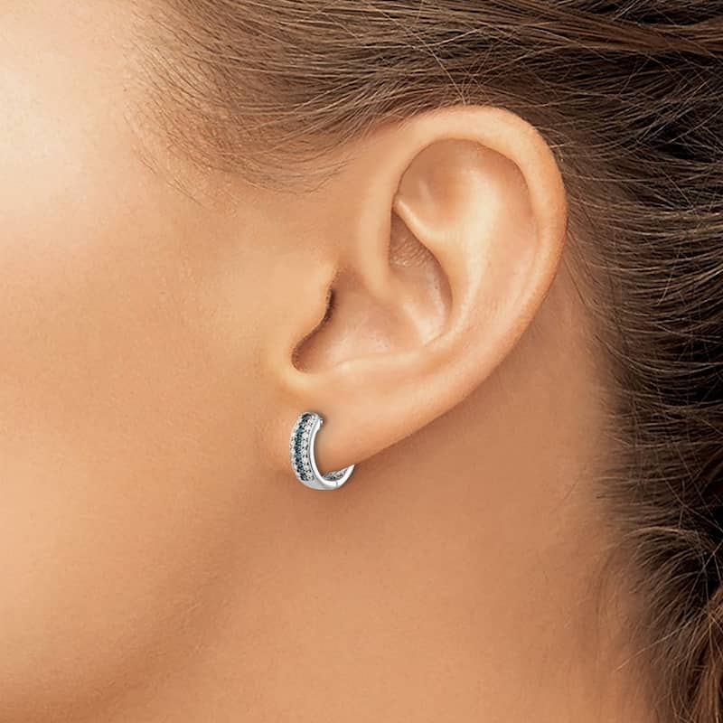Curata 14k White Gold Blue and White Diamond Hinged Hoop Earrings - 12x13mm Wide 3mm Thick