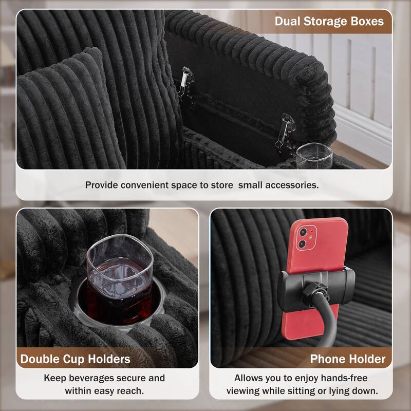 Corduroy Chaise Lounge Sofa Loveseat Sleeper Sofa with Adjustable Backrest, Cup Holders, Phone Holder and Dual Storage Armrest