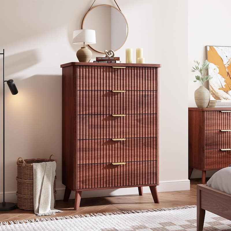 Modern Fluted 5 Drawers Dresser for Living Room, Bedroom - Brown