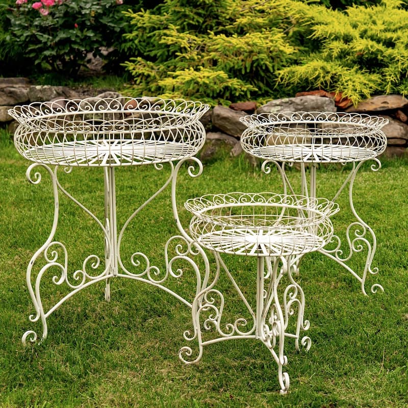 Set of 3 Round Plant Stands with Baskets "Copenhagen 1843" - Antique White