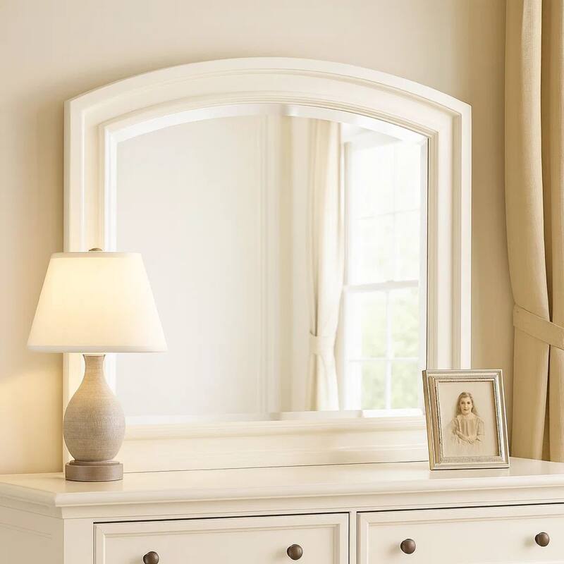 Wooden Mirror with Raised Edges and Curved Top, White