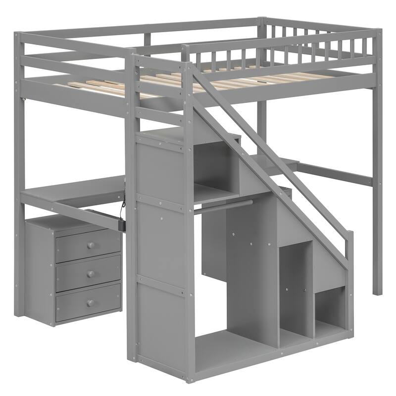 Twin Size Loft Bed with Two Chest of Drawers, Desk and Light Strip, Gray