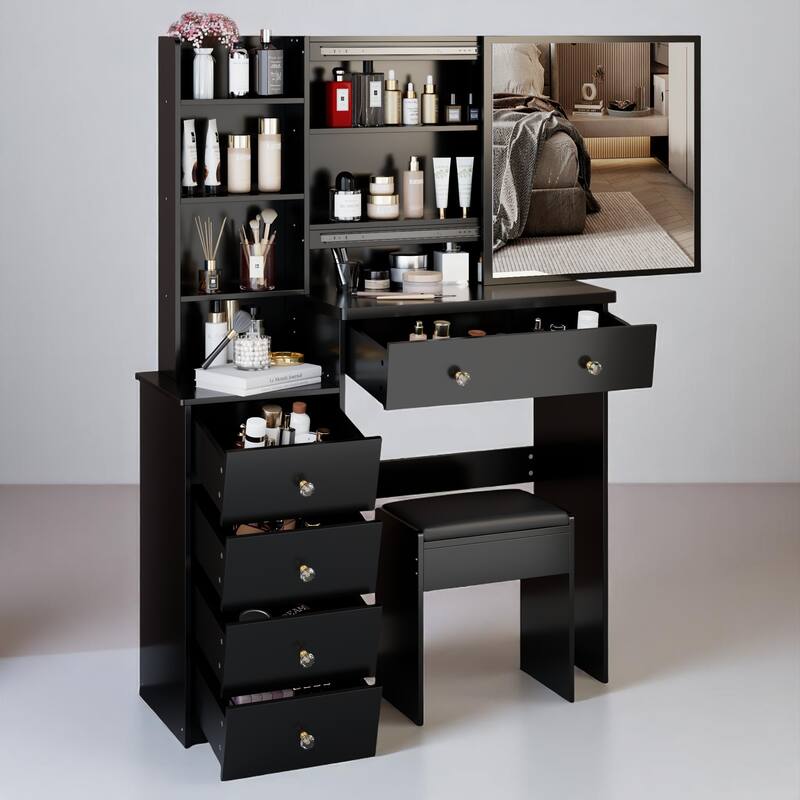 Makeup Vanity with Extra Large Sliding Mirror, 2-Piece Set with Stool, 37" Dresser with Ample Storage