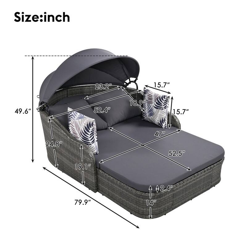 Outdoor PE Rattan Daybed Sunbed w/Adjustable Canopy, Double lounge