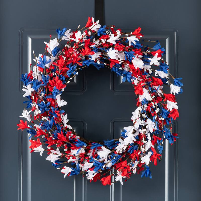 Glitzhome Patriotic/ Americana Red White Blue Floral Wreath or Stars Berry Garland