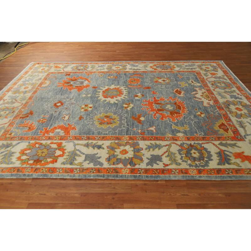 Hand Knotted Oriental 100% Wool Carpet Transitional All-Over Navy Blue & Blues Oushak Area Rug - 10' 6'' X 7' 11''