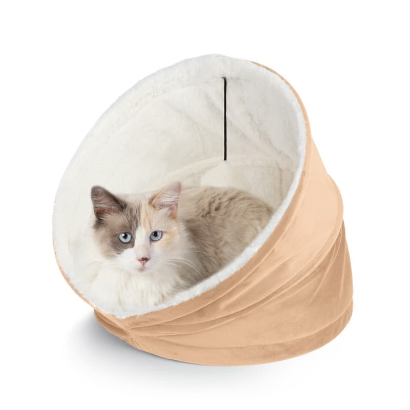 Cozy Cat House Velvet With Sherpa + Dangling Ball - 16"16" - Taupe