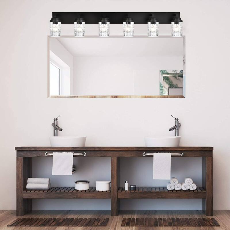 Modern Black 6-Light Vanity Light Industrial Fixture with Clear Grid Glass