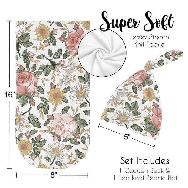 Vintage Floral Boho Collection Girl Baby Cocoon and Beanie Hat Sleep Sack - 2pc Set - Pink Green Shabby Chic Flower Farmhouse