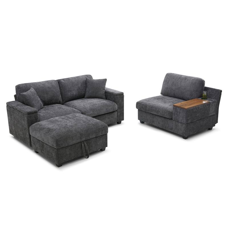 L-Shaped Oversized Couch,Drop Down Table,360-degree Swivel tray,Cup Holders,USB Charger,Storage Ottoman and Armrest
