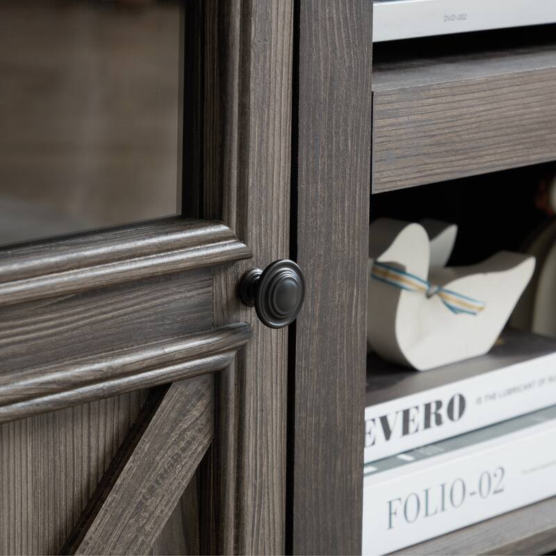 Farmhouse TV Stand, 2-Door Cabinet Media Stand with Barn Design and Open Shelving, for Living Room, Grey