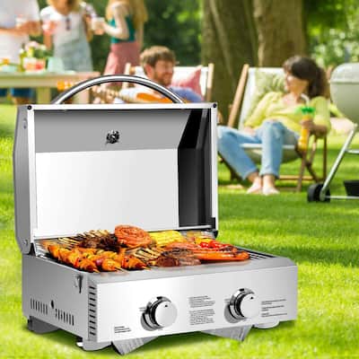 Portable Gas Grill with 2 Burner Folding Legs Built in Thermometer