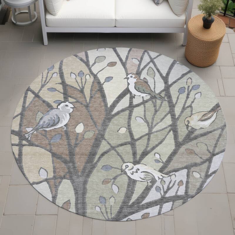 Machine Washable Indoor/ Outdoor Bird Mosaic Chantille Rug - Beige - 8' x 8'
