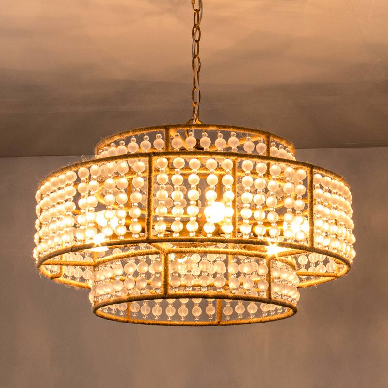Gold Coastal Frosted Beads 6Light Rope Drum Chandelier 23.62" fixture width x 15.16" fixture