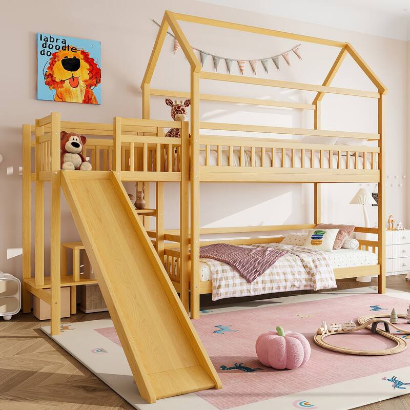 House-shaped Bunk Bed Playful Kids Bed Frame with Storage Stairs, Slide and 2 Placement Methods for Boys and Girls