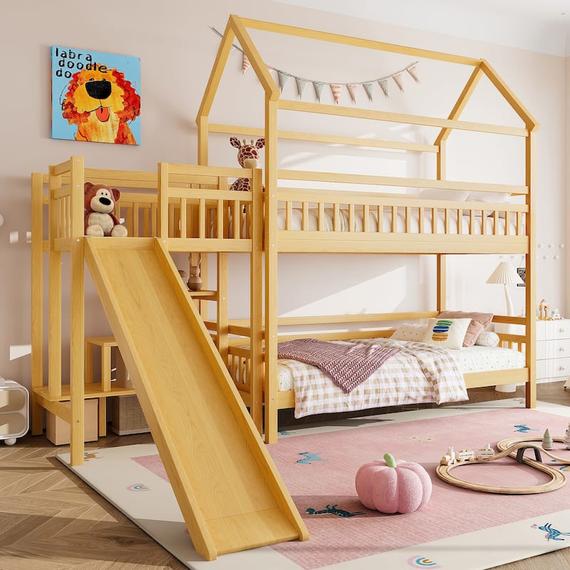 Twin House-shaped Bunk bed with Slide,Playhouse Bed with Storage Stairs, Two Placement Methods, Noise-free Design, Natural