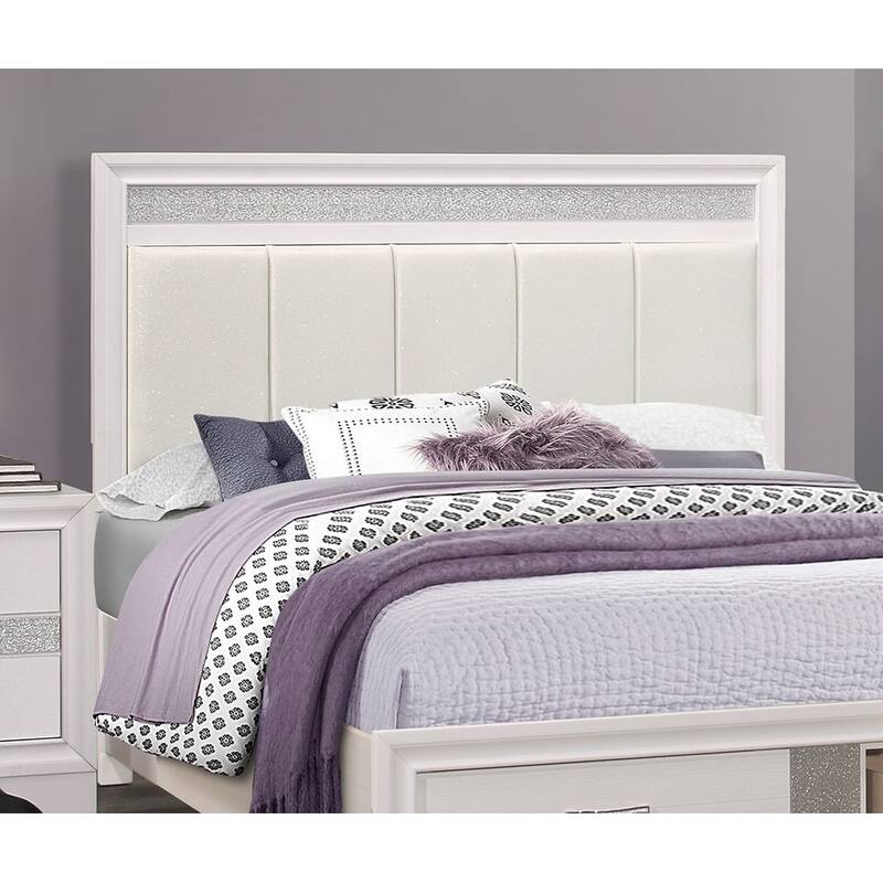 Queen Platform Bed with Drawers Storage, Upholstered Headboard, Silver Glitter Accent, White Finish