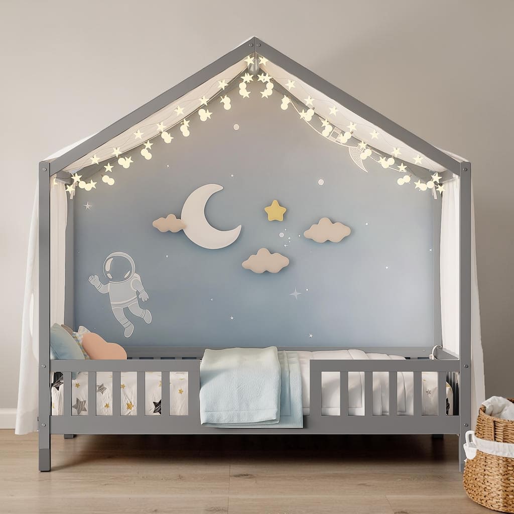 Montessori Floor Bed with Canopy, House Shape Kids Bed Frame with Rails Wooden Toddler Platform Bed