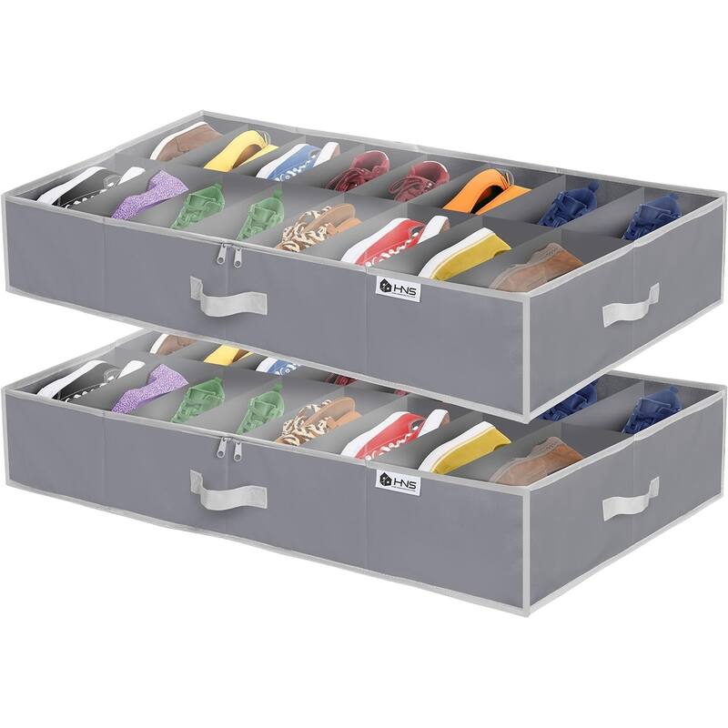 HOLDN' STORAGE Under Bed Shoe Organizer - Set of 2, Tear-Resistant 600D Material - Holds Up to 32 Pairs of Shoes - Grey