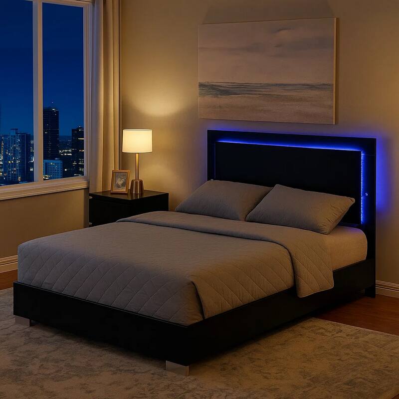 Suni Queen Size Bed w LED Headboard, Piano Black Wood Frame