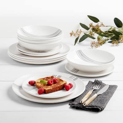 Tabletops Gallery Skye 12 Piece Stoneware Dinnerware Set in White with Black Stripes - Service for 4