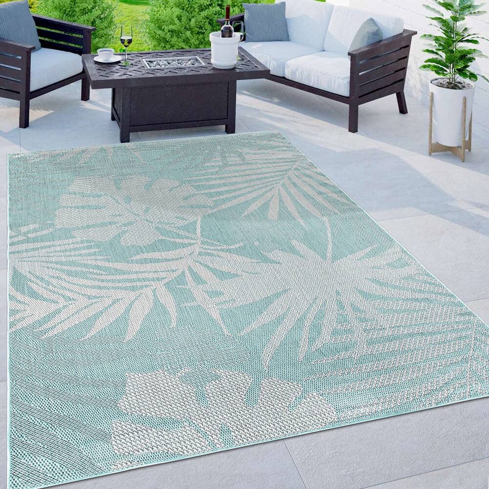 Contemporary Tropical Leaves Indoor/Outdoor Flatweave Waterproof Backyard Patio Area Rug