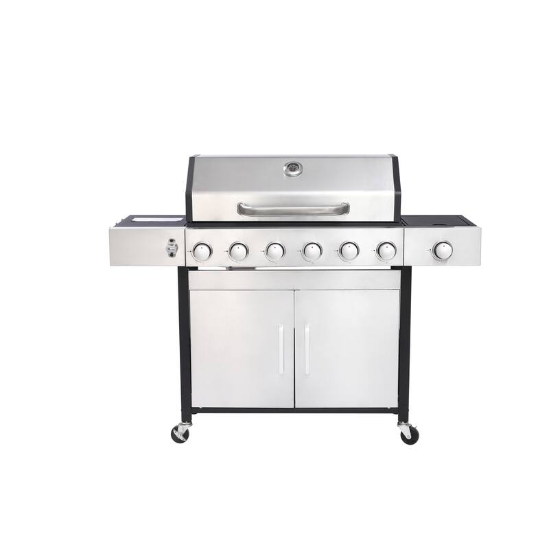 6-Burner Propane Gas Grill with Side Burner & Caster, Outdoor BBQ Grill Stainless with Steel Control Panel for Picnic