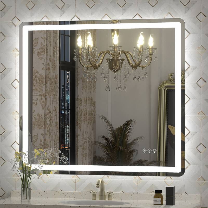 UL Certified Frameless LED Front Light and Backlit 3 Colors Dimmable Anti-Fog Wall Bathroom Vanity Mirror - 36" x 32"-Rounded Corner