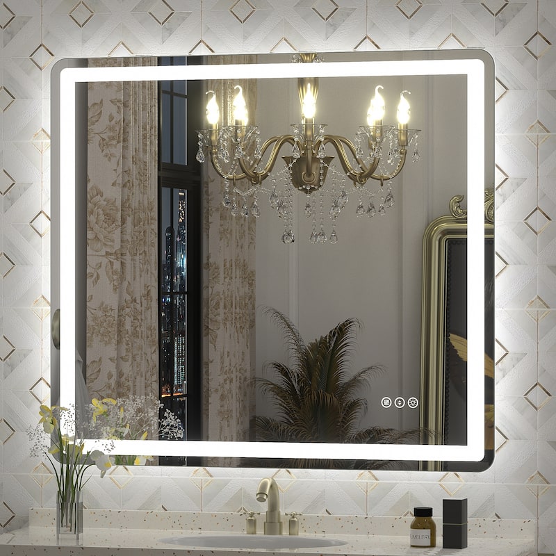 UL Certified Frameless LED Front Light and Backlit Wall Bathroom Vanity Mirror - 40" x 36" - Clear-Rounded Corner