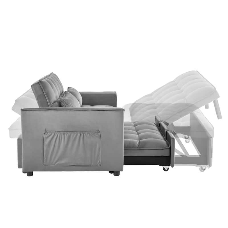Futon 3 in 1 Convertible Sleeper Sofa Bed, Velvet Loveseat with Adjustable Back, Lounge Sofa with Pockets and Toss Pillows