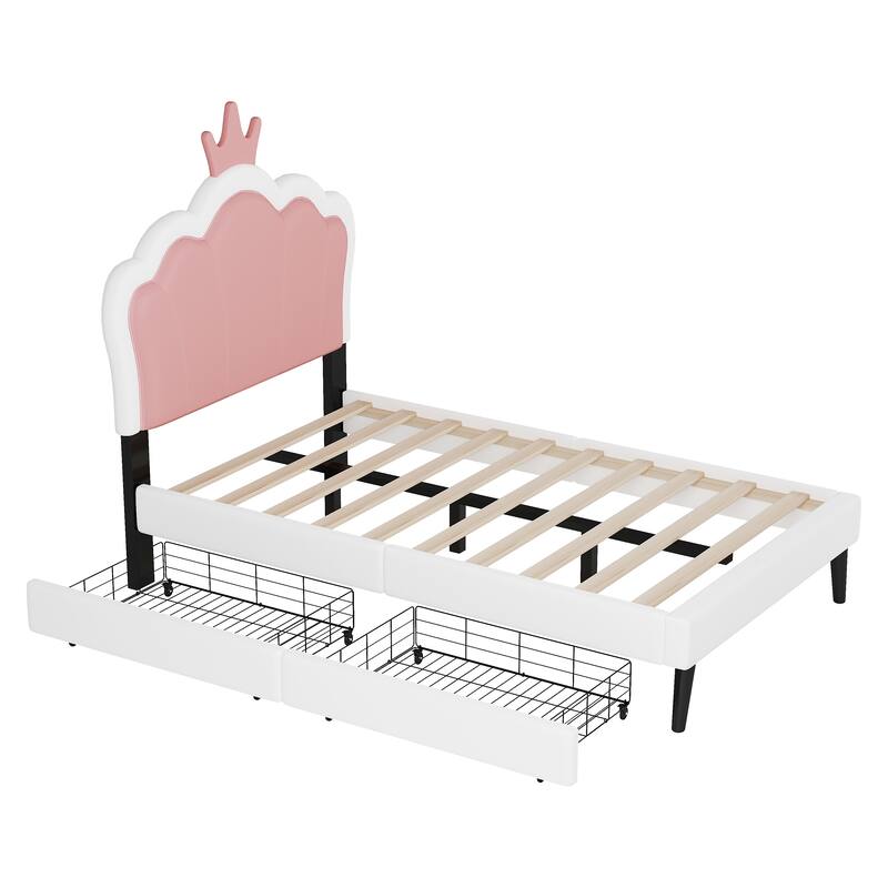 Crown Headboard Twin Platform Bed with 2 Storage Drawers, Ideal for Kids' Rooms
