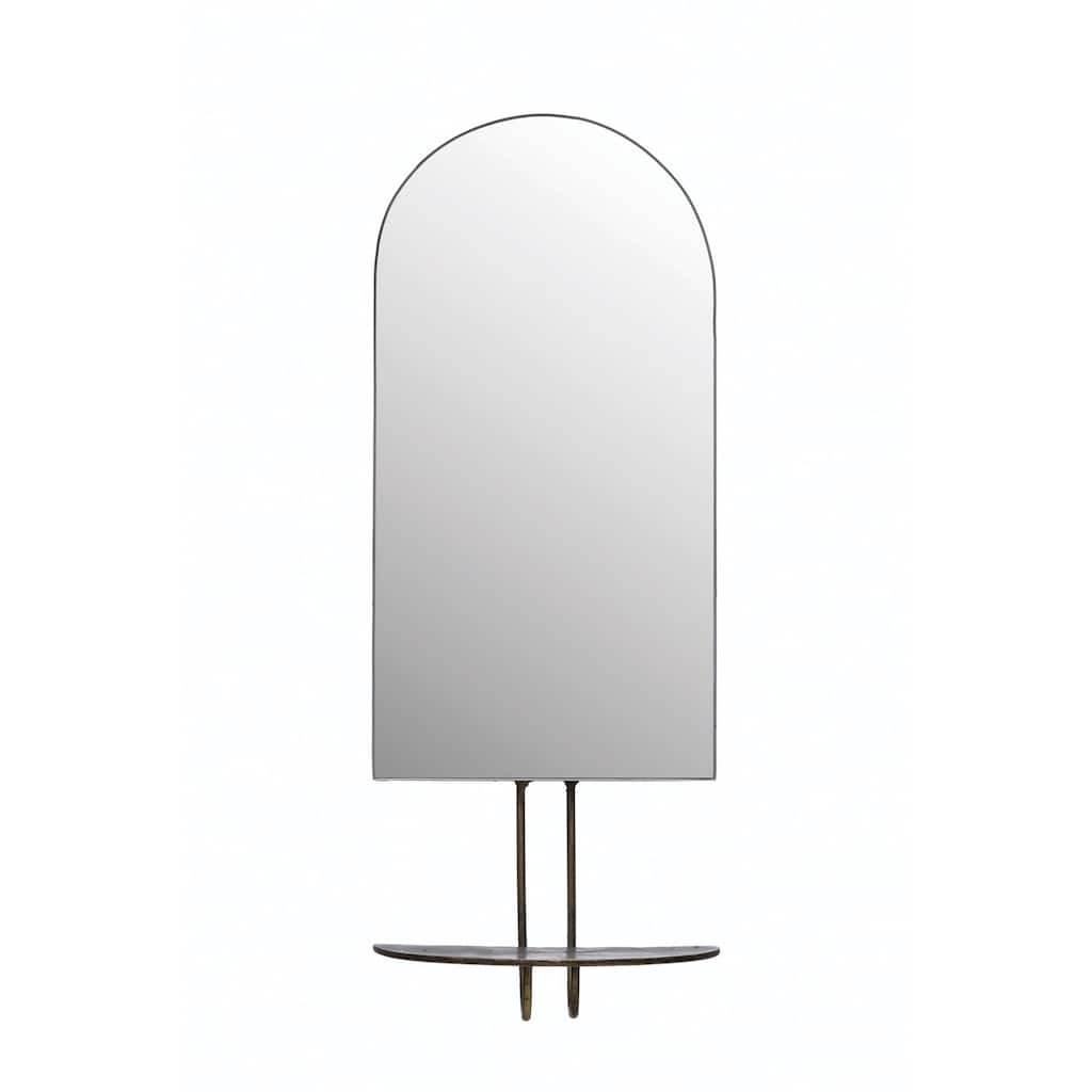 Arched Metal Wall Mirror with Shelf, Antique Gold Finish