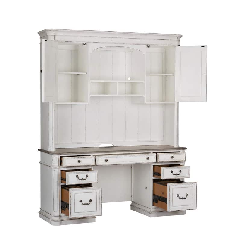 Magnolia Manor Antique White Weathered Bark Complete 5 Piece Desk