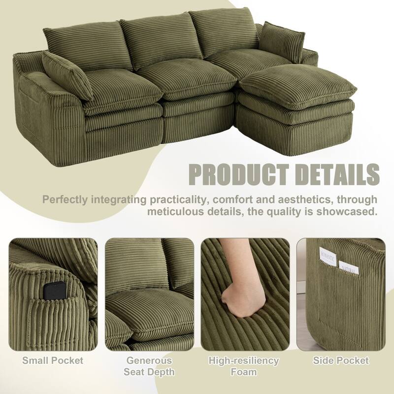 103" L-Shaped Corduroy Boneless Sectional Sofa with Movable Ottoman