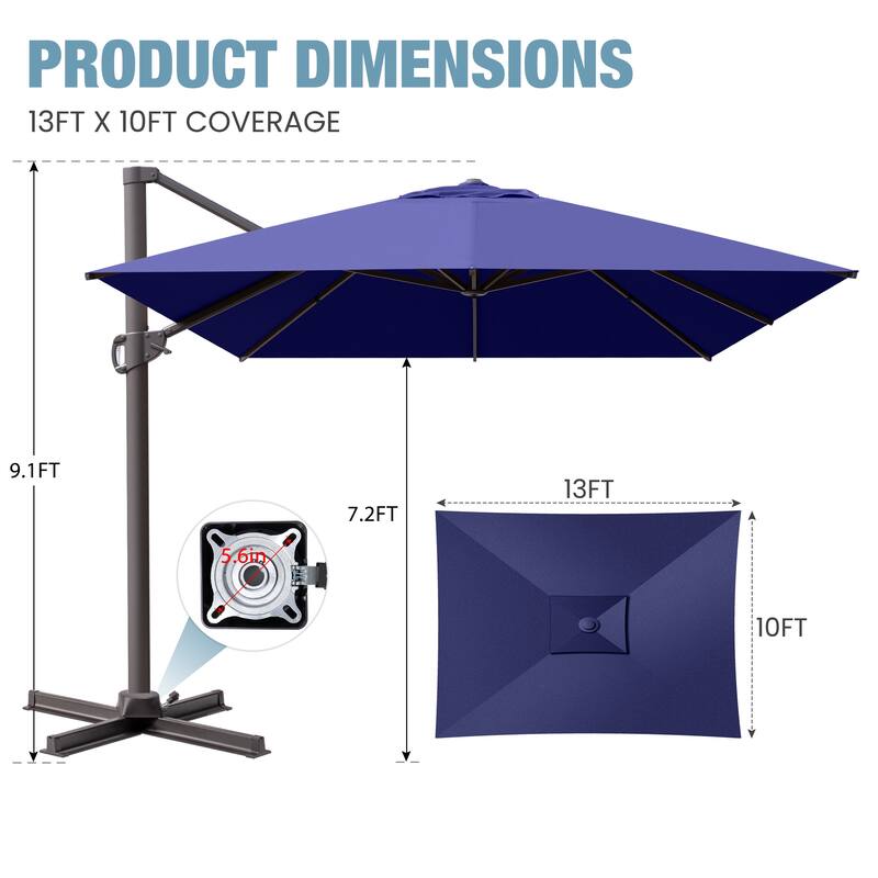 VredHom 10x13FT Patio Cantilever Umbrella Outdoor Offset Umbrella 360-Degree Rotation
