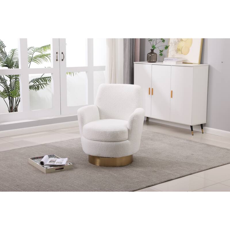 Ivory Faux Fur Modern 29.3" Upholstered Swivel Barrel Chair with Gold Stainless Steel Base
