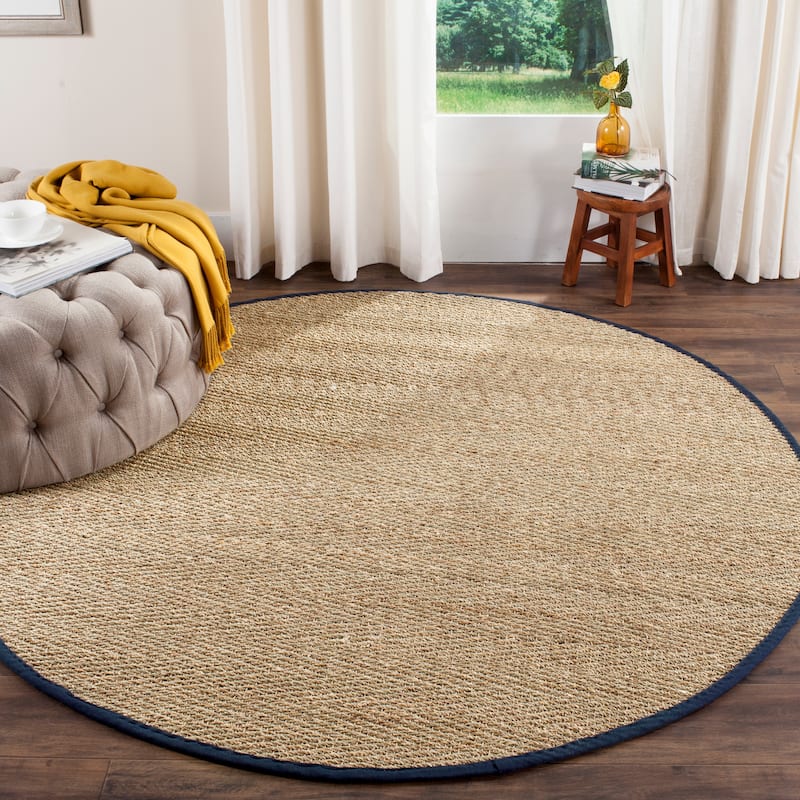 SAFAVIEH Natural Fiber Oceana Herringbone Seagrass Rug - 6' x 6' Round - Natural/Blue