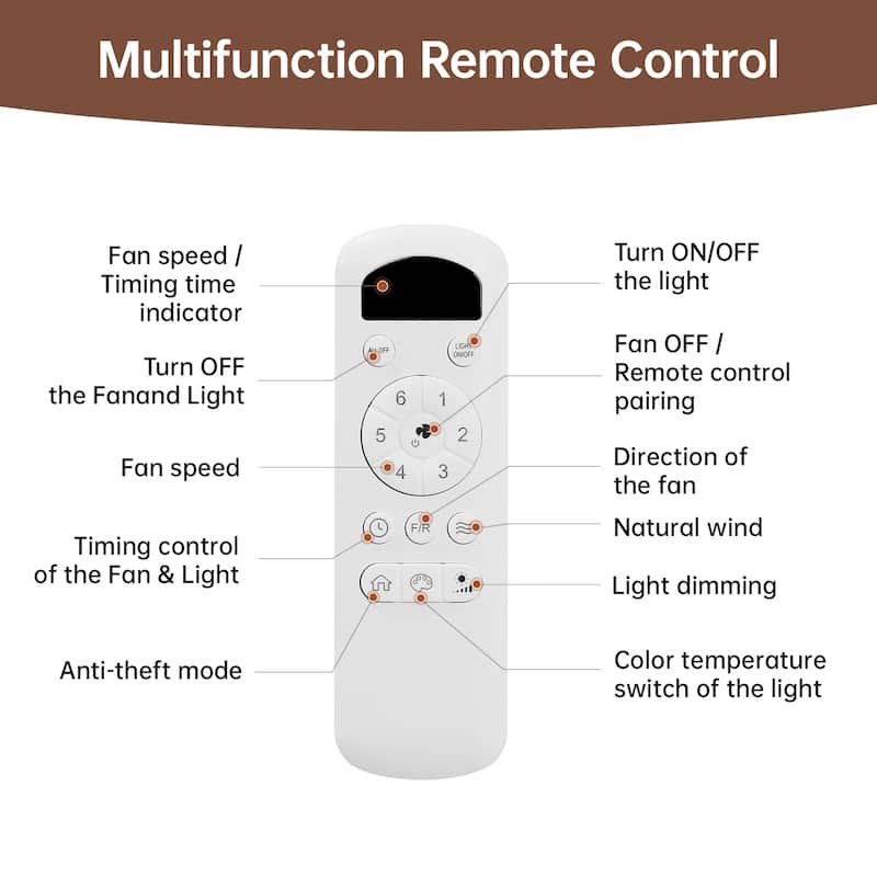 45 Inch / 52 Inch White Ceiling Fan with Dimmable LED Light and Remote, 6-Speed Reversible DC Motor, ABS Blades