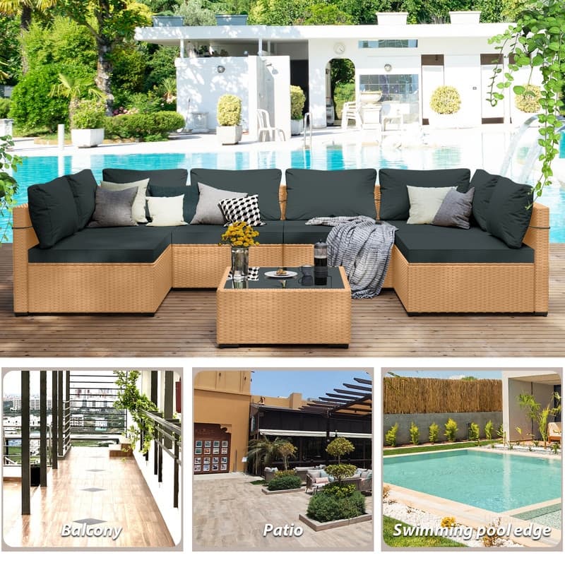 Patio Watcher 7-Piece Patio Yellow Wicker Sectional Seating Group with Cusions and Side Table