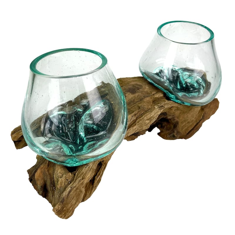 10.5" Double Molten Glass Bowls On Driftwood Hand Blown Planter