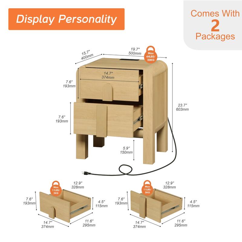 WAMPAT Modern Wood Nightstand With 2 Drawers ,Curved Mid-Century End Table With Built-In Charging Station For Bedroom