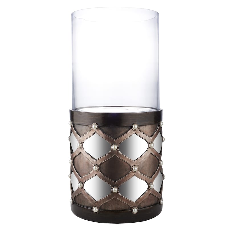 HomeRoots 22" Bronze and Silver with Pearls Tabletop Hurricane Candle Holder - 13