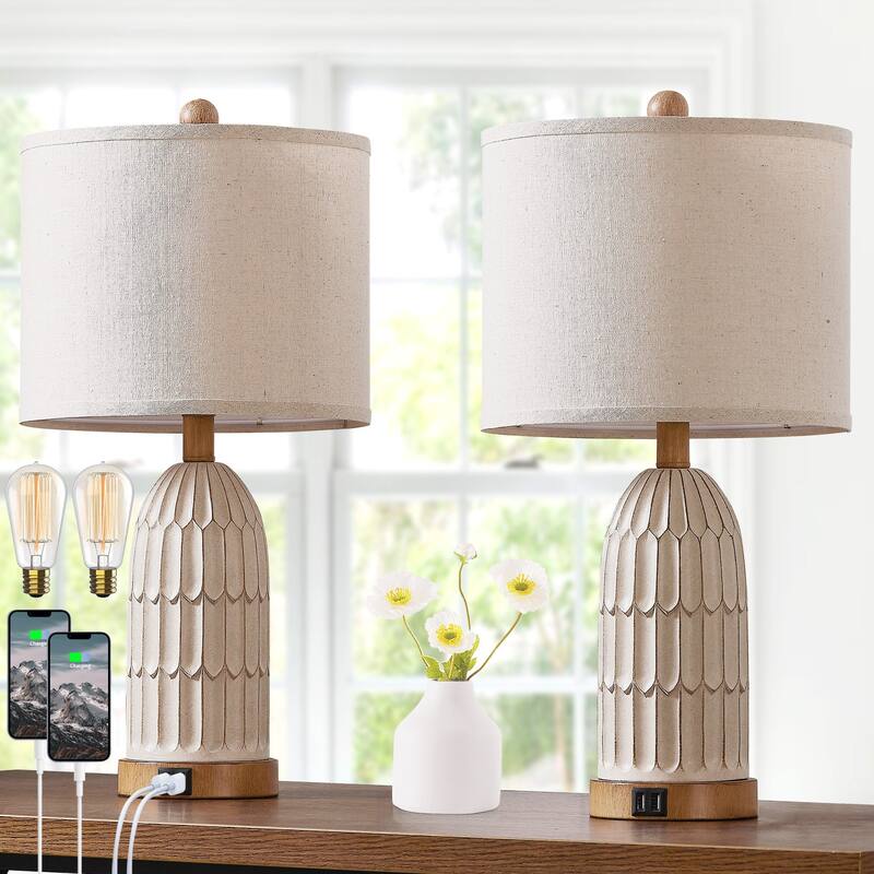 Beige Resin Table Lamps with 3-way Touch Dimming Switch Dual USB Charging Ports (Set of 2) - 11'' x 11'' x 22'' (L x W x H)