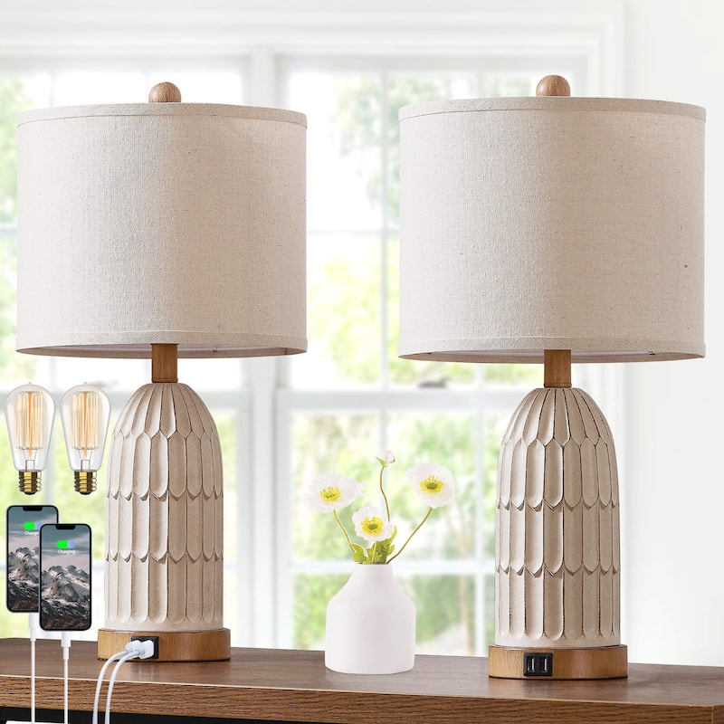 Beige Resin Table Lamps with 3-way Touch Dimming Switch Dual USB Charging Ports (Set of 2) - 11'' x 11'' x 22'' (L x W x H)