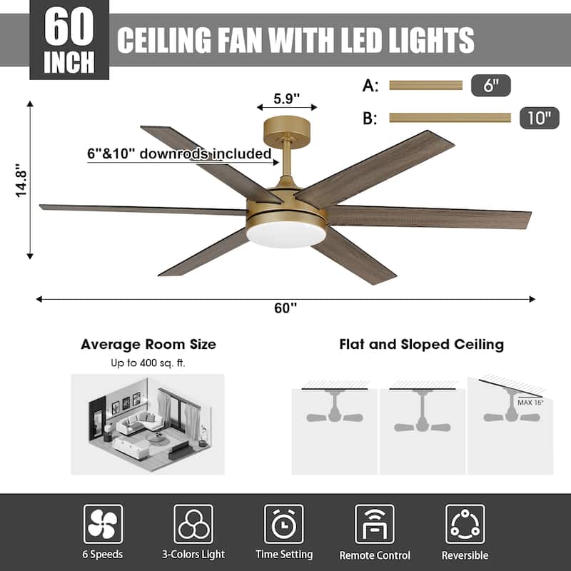 60" Transitional Brass Reversible Blades Smart Ceiling Fan with Dimmable LED Light and Remote