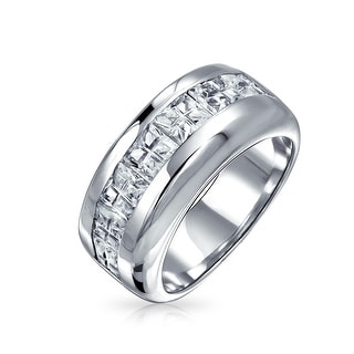 9/32 inch Wide Sterling Silver Cubic Zirconia Mens Wedding Band Ring Rectangular Design Sizes 8 to 14